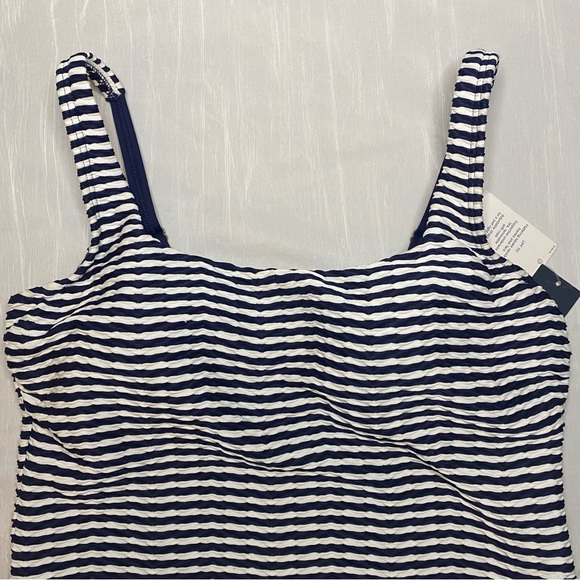 Lands’ End New Textured Square Neck Tankini Top 8 Navy Blue White Swimsuit - Picture 4 of 10